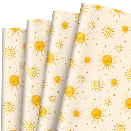 JarThenaAMCS 8 Sheets Boho Sun Wrapping Paper -Not Roll- First Trip Around The Sun Gift Wrap Paper Folded Flat Yellow Sunshine Star Craft Paper for Home Party, 19.7 x 27.6 Inch