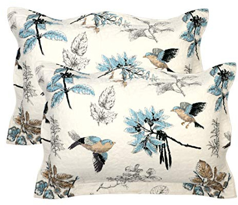 D DODOU Cotton Quilted Pillow Cases Standard Size Set of 2, Queen Size Bird Floral Decorative Soft Comfy Pillow Shams, Pillow Covers with Zipper Closure 20 x 27 inch (Flower Bird)