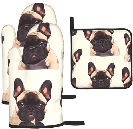 YYHHAOFA Lot de 3 maniques de cuisine imperméables et durables pour éviter les brûlures et l'isolation thermique Motif bouledogue français