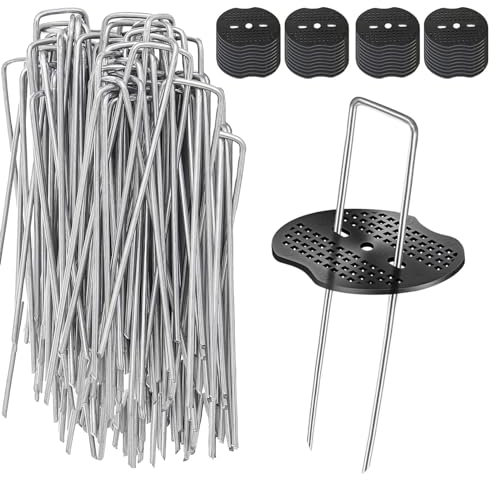Weed Membrane Pegs, 50 Pack Metal 6/150mm Weed Pegs+50 Pack Buffer Washer Heavy Duty Ground Pegs Fabric Garden Pegs Staples Artificial Grass Pins for Membrane