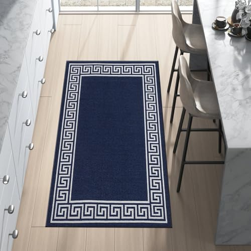 renoazul® Rugs Living Room Greeky Runner Rug - 80 x 150 cm, Navy | Premium Runner Rugs For Hallway, Polypropylene Low Pile Rug, Non Slip Rubber Backing, Greek Bordered Design