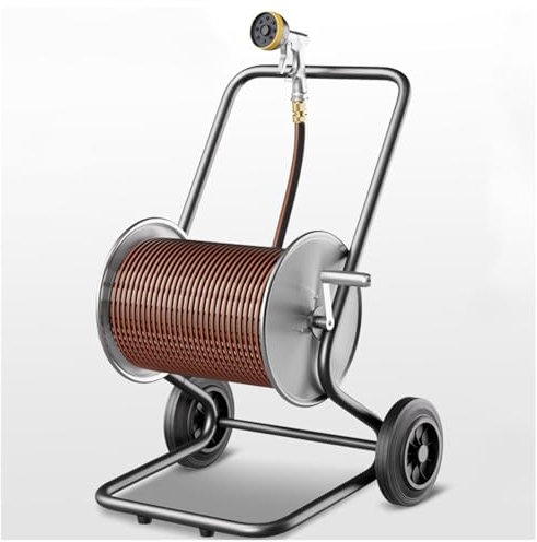 Carrello avvolgitubo da giardino in metallo resistente, con ruote, supporto per tubo dell'acqua da esterno e organizer per piantare il cortile