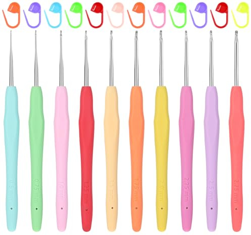 HaiFafafaing Lot de 10 crochets de petite taille, 0,5 mm – 2,75 mm, micro crochet avec marqueurs de points, aiguilles à tricoter ergonomiques à poignée douce, aiguilles à tricoter pour dentelle