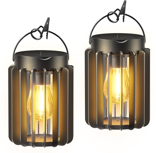 2 Pack Solar Lanterns Outdoor Waterproof, Retro Hanging Lantern, Black