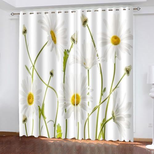 Lirzxin Abdunkelnde Vorhänge 160 cm Lang, Gardinen Blickdicht mit Ösen 2er Set Beige Gelb Grün Gänseblümchen Muster Vorhang für Wohnzimmer Schlafzimmer Kinderzimmer, 107x160 cm(BxH)