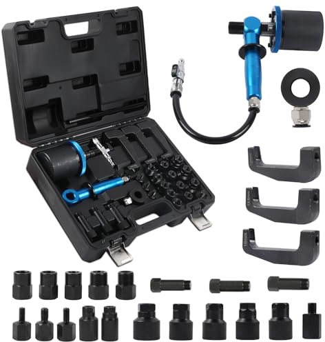KAISAL 27tlg Pneumatische Einspritzdüsen Abzieher, Handheld Einspritzdüsen Ausbau Werkzeug, Dieselkraftstoff Injektor Abzieher, Abzieherset mit 19 Adapter Kompatibel mit Bosch Delphi Denso Siemen