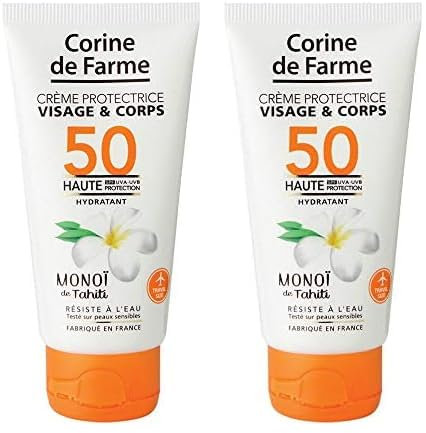 Corine de Farme - Crème Protectrice SPF50 Haute Protection UVA-UVB - Crème Solaire Visage et Corps, Sans Paraben, Résiste à l’Eau - Monoï de Tahiti - 50 ml (Lot de 2)