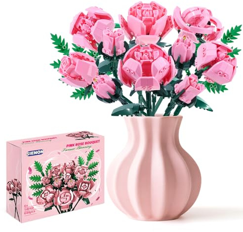 SIENON 12Pack Pink Rose Bouquet Building Blocks with Green Leaves, 644pcs | Realistic Floral Building Flowers Botanical for Home Tabletop Decorations Christmas Birthday Anniversary Valentine’s Day Gift
