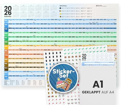 XXL Wandkalender 2026 A1 gefaltet auf A4 E&G Klasse Erwachsene Bunt Spaltenfarben Kalender KW Mondphase Ferienübersicht mit oder ohne Sticker Planer Haushalt Kalender 2026 (Bunt, mit Sticker)