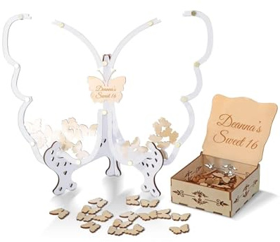HZGUEOSTB Schmetterling Hochzeit Gästebuch Alternative aus Holz & Acryl - Personalisiert mit Gravur für 40-200 Gäste (Farbe & Größe wählbar)