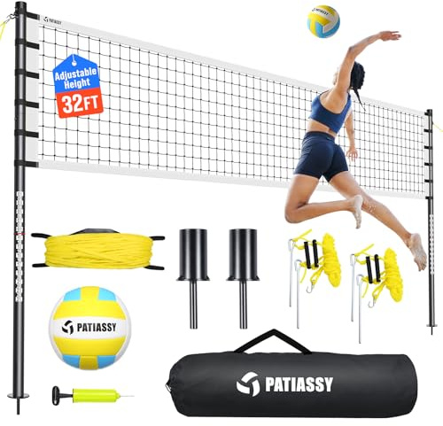 Patiassy Outdoor Volleyball Net Set for Backyard & Beach, 32FT Regulation Size, Easy Setup Adjustable Height Poles, Portable Net System with PU Volleyball, Pump & Carry Bag
