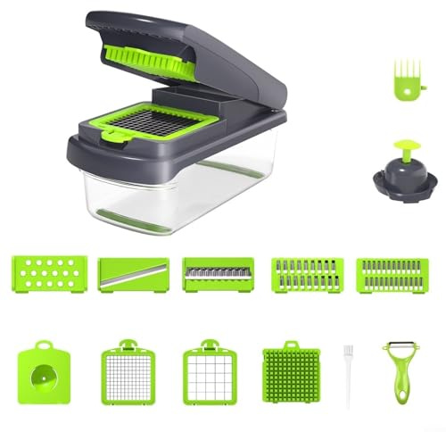 HavenDomicile Gemüseschneider, multifunktionaler Lebensmittelschneider, Würfel-Set mit 7 Edelstahlklingen, Eiertrenner-Behälter (grau)