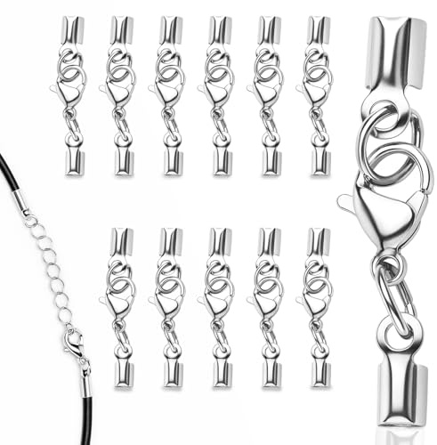 12 Stück Kettenverschluss Edelstahl, Lederband Armband Verschluss, Verschlüsse für Armbänder, Silber Schmuckverschluss für Halskette,DIY Lederband, Armband