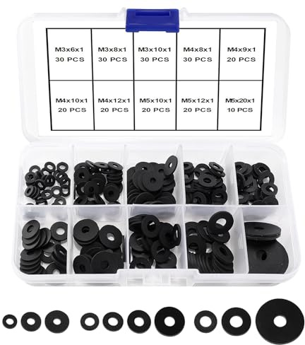 YIXISI 230 Stücke M3 M4 M5 Silikon Flache Unterlegscheiben Sortiment Kit, Dichtungs Silikon Unterlegscheiben, für Schrauben/Wasserhähne/Gartenschlauch, Schwarz