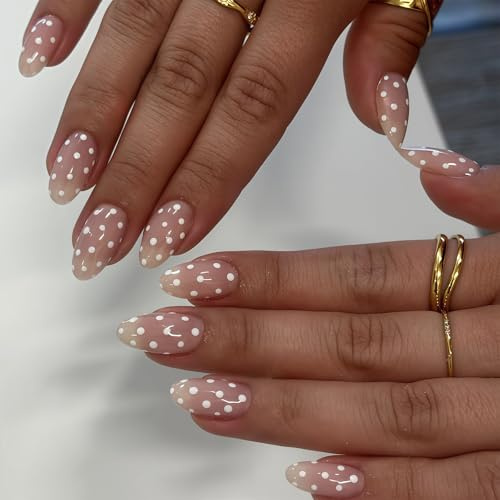 OuryTech Press On Nails, 24 pezzi di unghie finte adesive a forma di mandorla, unghie finte con design a puntini bianchi, riutilizzabili e brillanti