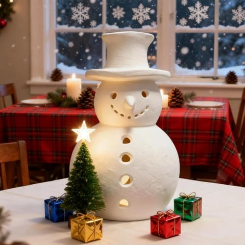 White Ter ra Cotta Snowman Decor, Handmade Terracotta Snowman Figurines, Unique Christmas Clay Winter Holiday Rustic Decorations for Home Table Room Farmhouse Indoor Outdoor (M)