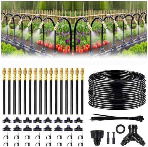 100FT Drip Irrigation System, 1/4 Inch Hose with 360° Adjustable Copper Nozzles – Garden Watering Kit for Lawn, Raised Beds, Greenhouse & Yard