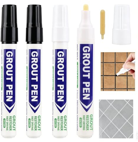 HAPPOW White Grout Pen, Black Grout Pen for Tiles – 2 White + 2 Black, 4Pcs Grout Repair Kit for Tile Joint Restoration in Kitchen Bathroom Floor