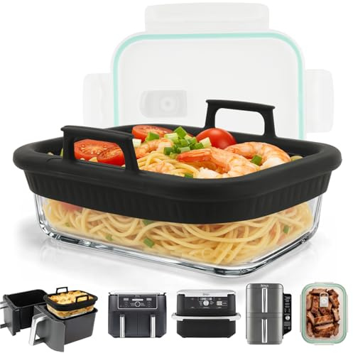 Airfryer - Recipiente de cristal con marco de silicona, color negro, tapa transparente, asas de transporte, recipiente para alimentos
