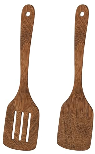 2 Pieces Wooden Spatula Set, Slotted Turner for Cooking, Heat Resistant Long Handle Kitchen Utensils, Pancake Flat, Non Stick Safe Wood Turner for Pan Baking Frying