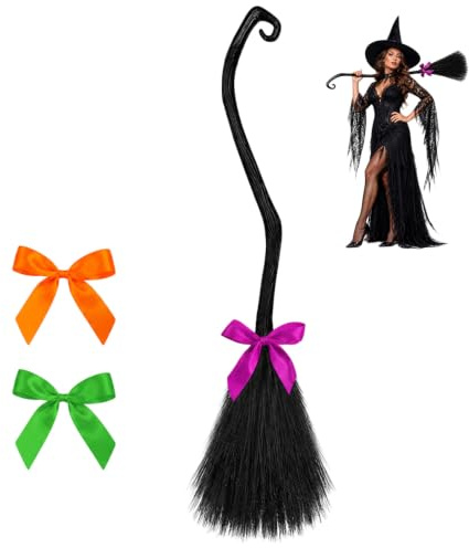 TCZDS Scopa da Strega 128 cm Smontabile, 3 Fiocchi, Halloween e Carnevale (1 Pezzo)