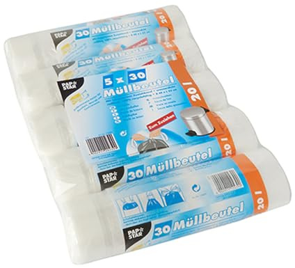 PAPSTAR 1 Karton = 5x150 Müllbeutel zum Zuziehen, HDPE 20 l 55 cm x 48 cm transparent 12439