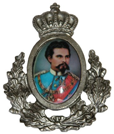 Breiter Hutanstecker Hutabzeichen Hutschmuck Anstecker König Ludwig II 3 x 3,5 cm mit Ehrenkranz - Trachtenpin Brosche