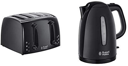 Russell Hobbs 21651 Textures 4-Slice Toaster, Black with 21271 Textures Plastic Kettle, 1.7 L, 3000 W, Black