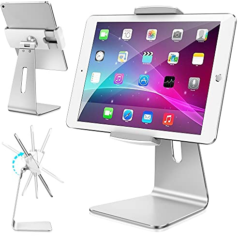 AboveTEK Soporte Tablet de Aluminio, Soporte para iPad 7–15,6'', Soporte Tablet Mesa/Escritorio Giratorio 360° Ajustable, Base Estable para TPV, Kiosco, Mostrador, Oficina, Recepción y Comercio