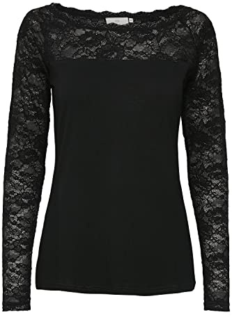 KAFFE Langarm-Shirt Lacy Damen Bluse Top Spitze Oberteil Langarm Slim Fit Spitzenbluse XXL, Black deep