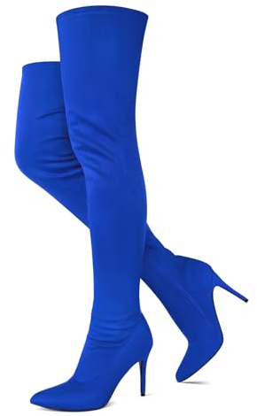 Jiu du Women's Thigh High Boots Stretch Suede Blue Over The Knee High Boots Dress Pointed Toe Sexy Stiletto