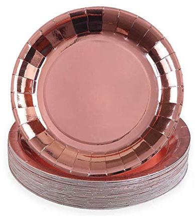 TOPWAYS Roségold Geburtstagsdeko Pappteller, 23cm Papier Geschirr Einweg Teller Partygeschirr für Geburtstag, Hochzeiten, Picknicks, Jubiläum Dekorationen,48 Stück (9 Zoll)
