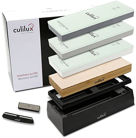 CULILUX® Pro Schleifstein Profi Set XL Wetzsteine Körnung 400 1000 6000 auf Glas doppelseitige Leder-Abziehbank rutschfeste Schleifbasis mit Silikon-Halterung Schärfhilfe Abrichtstein