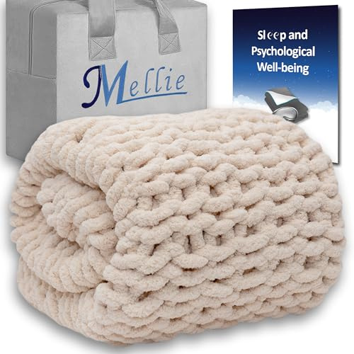 Mellie Luxury Large Chunky Knit Throw Blanket, Ultra-Soft Chenille Yarn Cable Knit Blanket Throw, Machine Washable Giant Blanket Throw for Sofa – 127x152 cm (Cream)