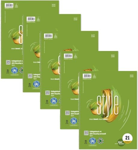 Staufen Contura Collegeblock - 5 Blöcke à 80 Blatt, DIN A4, liniert | Lineatur 21 (9mm liniert), 70 g/m² Papier, 4-fach Lochung, zertifiziert mit dem Blauen Engel
