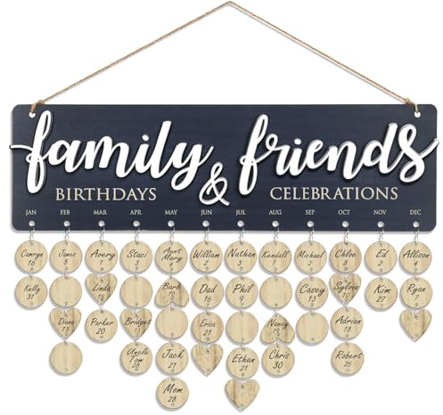 Birthday Calendar Wall Hanging – Family Birthday Plaque & Anniversary Reminder Board with Tags – Dark Blue Wood with Embossed Lettering – Keeps Special Dates Organized – Gift for Mothers, Mom, Parents