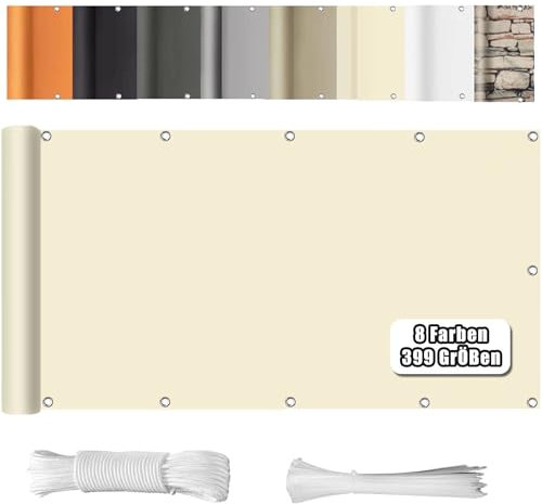 WEALSFUN Balkon Sichtschutz Balkonabdeckung (390Größen & 8 Farben) Balkonverkleidung Ohne Bohren blickdichte Wind UV-Schutz mit Ösen Kabelbinder Kordel,90X400CM Creme