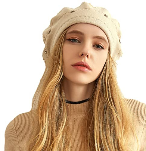 Damen Winter Baskenmütze Wolle Strick Barett Strass Kappen 04