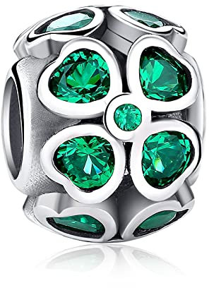 Alstiva Grün Vierblättrige Blatt Charm 925 Sterling Silber 5A Zirkonia Charm Anhänger für Armband Charm Bead Pendant für Europäische Armbänder Halsketten Schmuck Geschenk für Damen Frauen