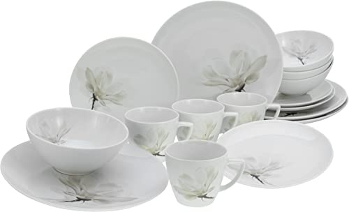 CreaTable, 25874, Serie Magnolie weiss, 16-teiliges Geschirrset für 4 Personen, Kombiservice aus Porzellan, spülmaschinen- und mikrowellengeeignet, Made in Europe