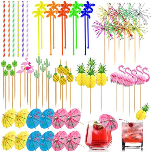 Bohoray 136pcs Cocktail Accessories for Drinks,Cocktail Party Decorations with Cocktail Umbrella Cocktail Sticks Sparklers Flamingo Paper Straws,for Hawaiian Party Decorations,Beach Bar Accessories