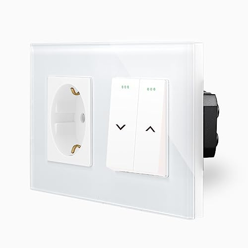 Zweifacher Glasrahmen mit Wipp Rollladentaster Wandschalter + Schuko Steckdose UP DE Unteputzdose im 2-Fach Rahmen Glas Taster Rollladen Markiesen Jalousinen Steuerung Wandblende Weiß Kipp LUXUS-TIME