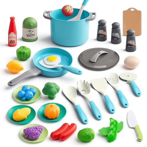 35Pcs Kids Kitchen Toy Accessories, Toddler Pretend Cooking Playset with Play Pots, Pans, Utensils, Cookware, Play Food Set, Toy Vegetables, Learning Gift for Girls & Boys (Turquoise)