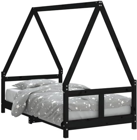 vidaXL Kinderbett, Kinder Bettgestell mit robusten Latten, Hausbett für Kleinkinder ab 4 Jahren, Einzelbett Kinder Jugendbett Holzbett, Schwarz 80x160 cm Massivholz Kiefer
