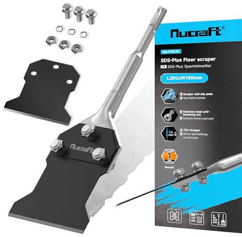 Nucraft Spachtelmeißel SET SDS-Plus 250x100 mm,Meißel inklusive Ersatzklinge und Schrauben,Bodenschaber für Abziehen von Fußbodenkleber, Teppich, Linoleum, Fliesenkleber, PVC-Fliesen, Farbe