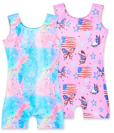 Nokecina Girls Gymnastics Leotards Size 3t 4t Sparkly Pro Biketard with Shorts 2 Pack Pink Blue Stars Flag Bodysuits