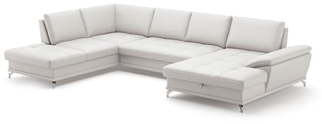 Cavadore Wohnlandschaft Castiel mit Federkern / Sofalandschaft mit großem Longchair, Sitztiefenverstellung und satinierten Metallfüßen / 363 x 89 x 223 / Echtleder, Weiß