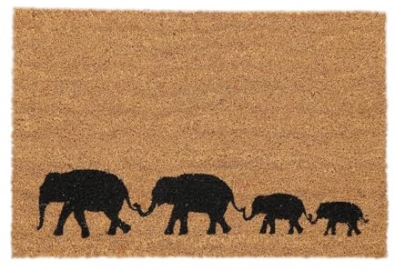 Relaxdays Fußmatte Kokos 60x40cm, Türmatte Elefanten, rutschfest, wetterfest, Fußabstreifer innen & außen, Natur/schwarz