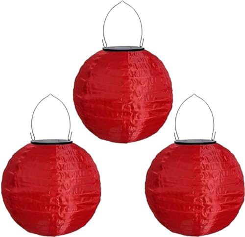 Lampions Solar Außen Wetterfest, Yeehliny Solar LED Laterne Wasserdicht Nylon Hängende Gartenlaterne, Solarlampions für Außen, LED Lampion Solar Lichterkette Aussen (20cm/3 Stück/Rot)