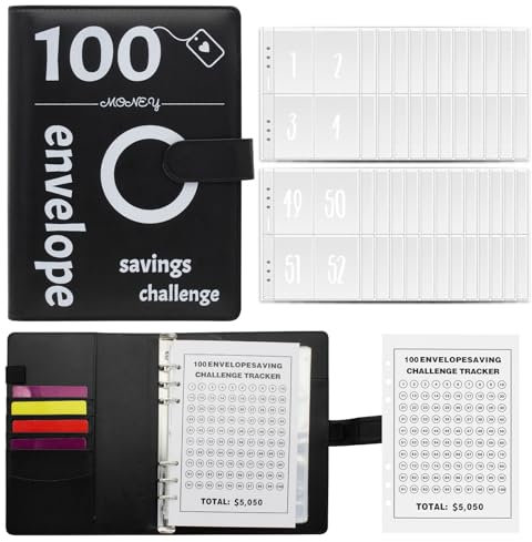 FuninCrea Budget Planner Challenge Ringbuch A5 Sparbuch für geld, budget binder Leder Geld Sparen Challenge Booklet Sparen Sparbuch mit Geldumschlag und Verfolgungsetikett für Geldsparmappe (Schwarz)